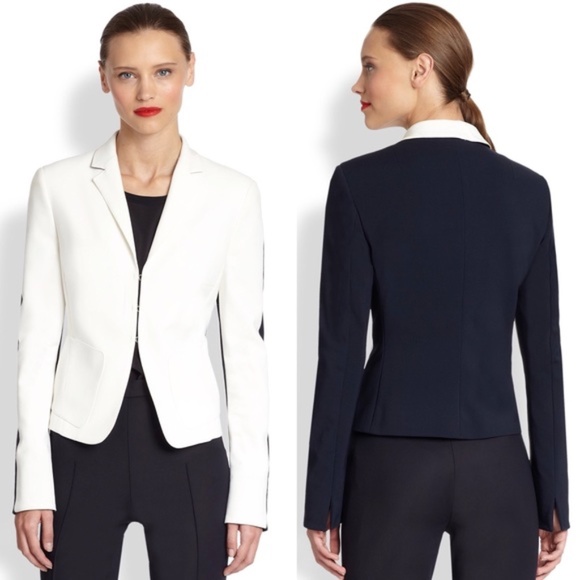 Akris Punto Twotone Techno Cotton Blazer Jacket in Navy and Cream Size 8 - Picture 2 of 15